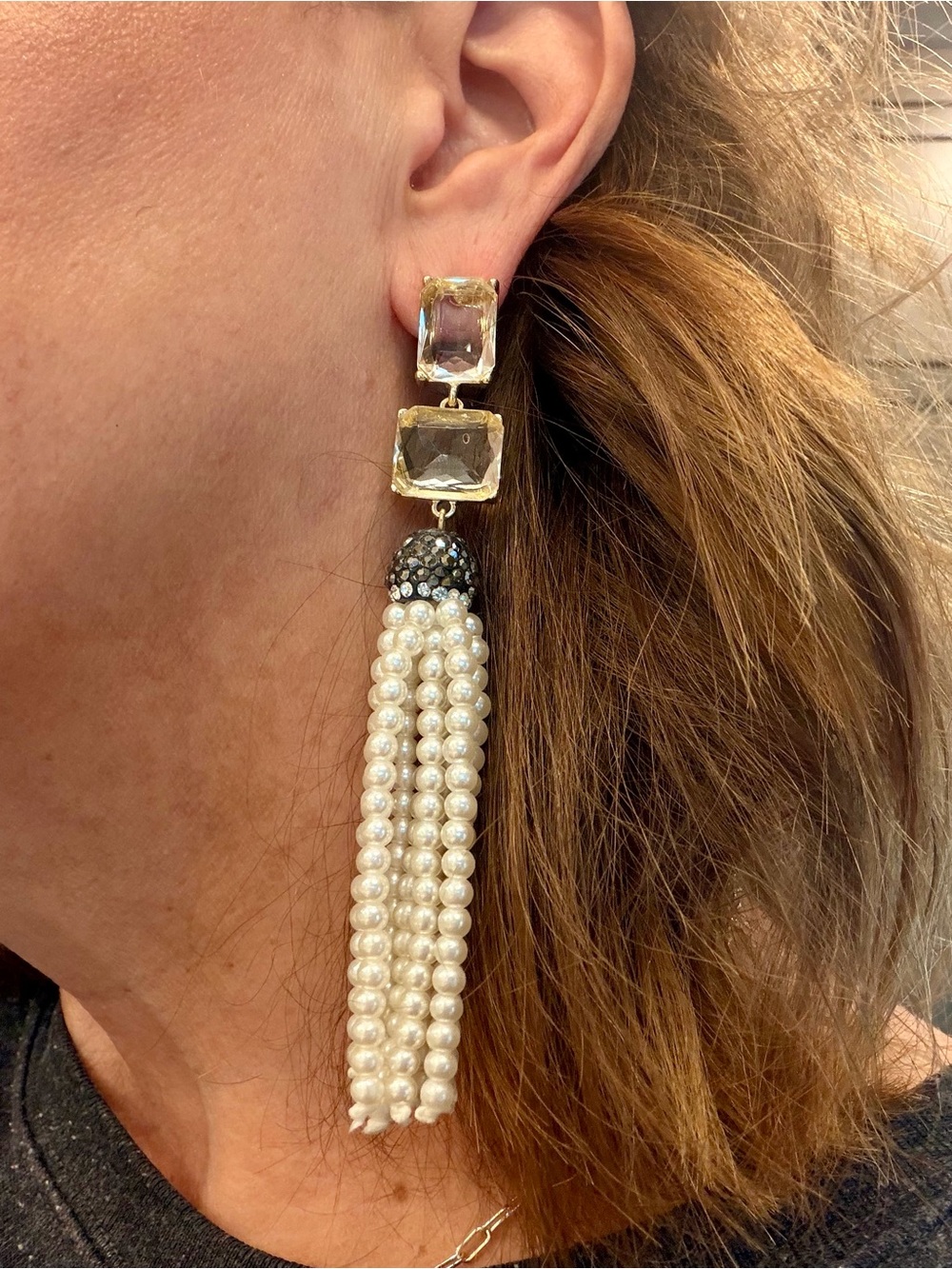 Pearl Tassel Drop Earrings with Crystal Accents - White Gold Tone NWOT